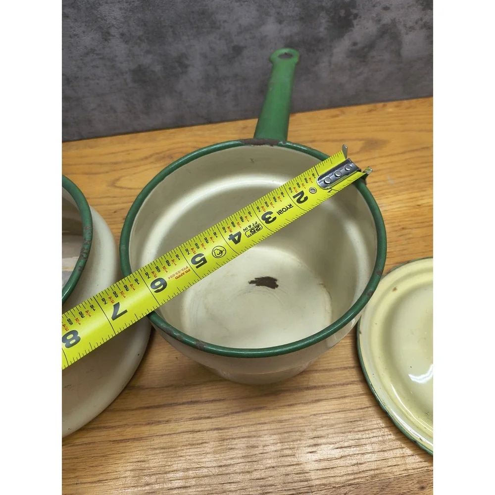 Vintage Enamelware Double‎ Boiler Cream Green Trim Circa 1930's - 40's Lid 3 Pcs